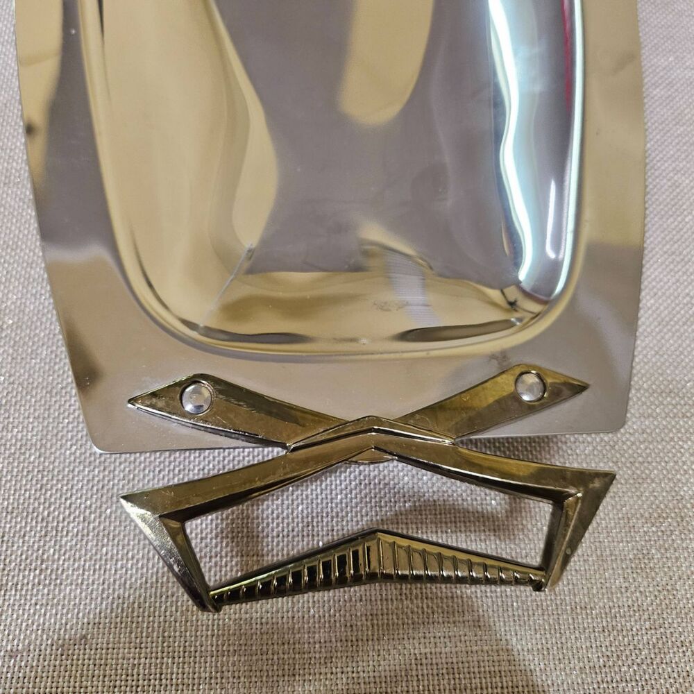 Vtg KROMEX Oblong Art‎ Deco Serving Tray Silver Gold Geometric Handles 1950s - Picture 2 of 10